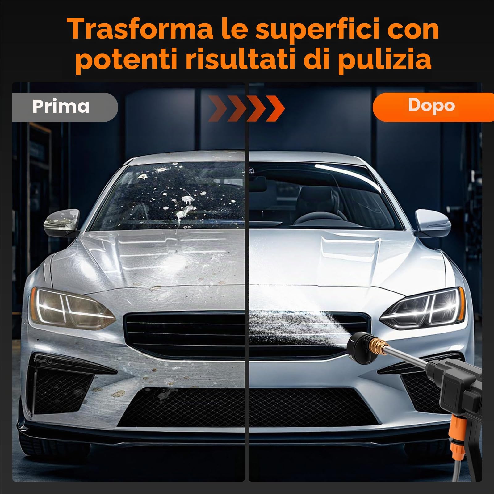 25 Bar Idropulitrice a Batteria, Idropulitrice Portatile con 2 Batterie 2000mAh, 6 in 1 Ugello, Tubo da 5M, Serbatoio in Schiuma, Adatto per la Pulizia di Auto, Pavimenti ad alta pressione