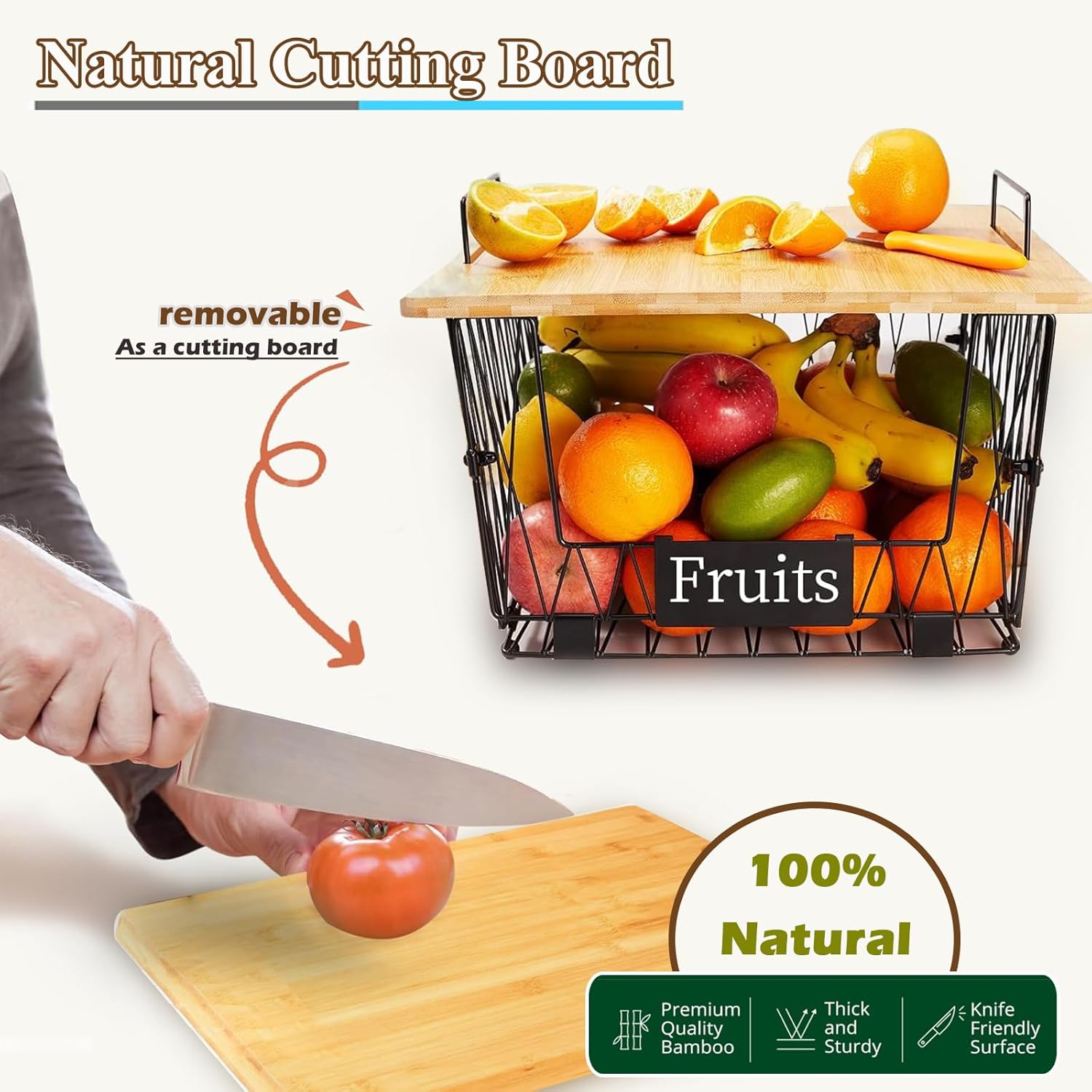 【XXL Big Size】1 Pack Stackable Wire Storage Baskets with Wood Lid- Pantry Cabinet Organization, Kitchen Counter Basket for Fruit Vegetable -Large Metal Bin for Pantry Organization and Storage, Black - Image 5