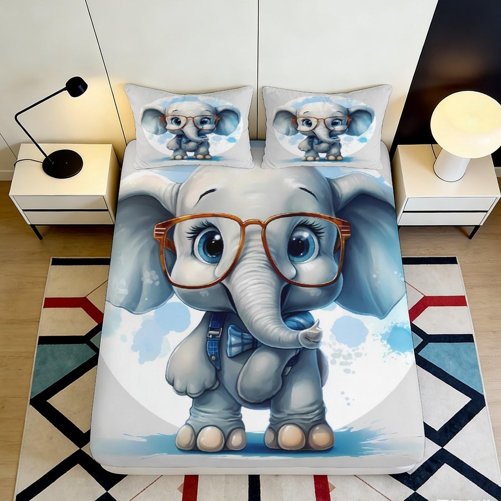 3D Printed Cute Cartoon Elephant Fitted Sheet Microfiber Soft Breathable Blue Glasses Animal Bed Cover for Bedroom Dorm Mattress Decor 180x200x25cm