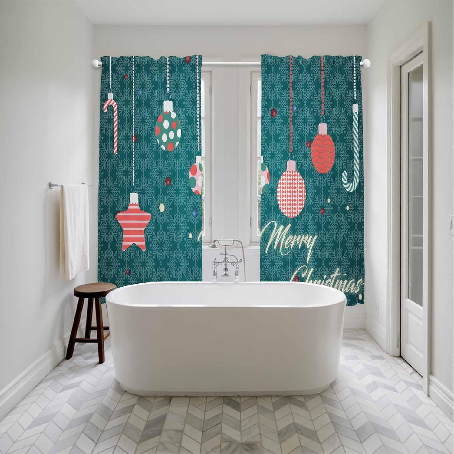 Teal Green Christmas Window Curtains 72 Inch Long 2 Panel Set, Rod Pocket Long Curtains & Drapes, Xmas Balls Star Winter Holiday Light Filtering Window Treatment for Bedroom Living Room 52"W x 72"L