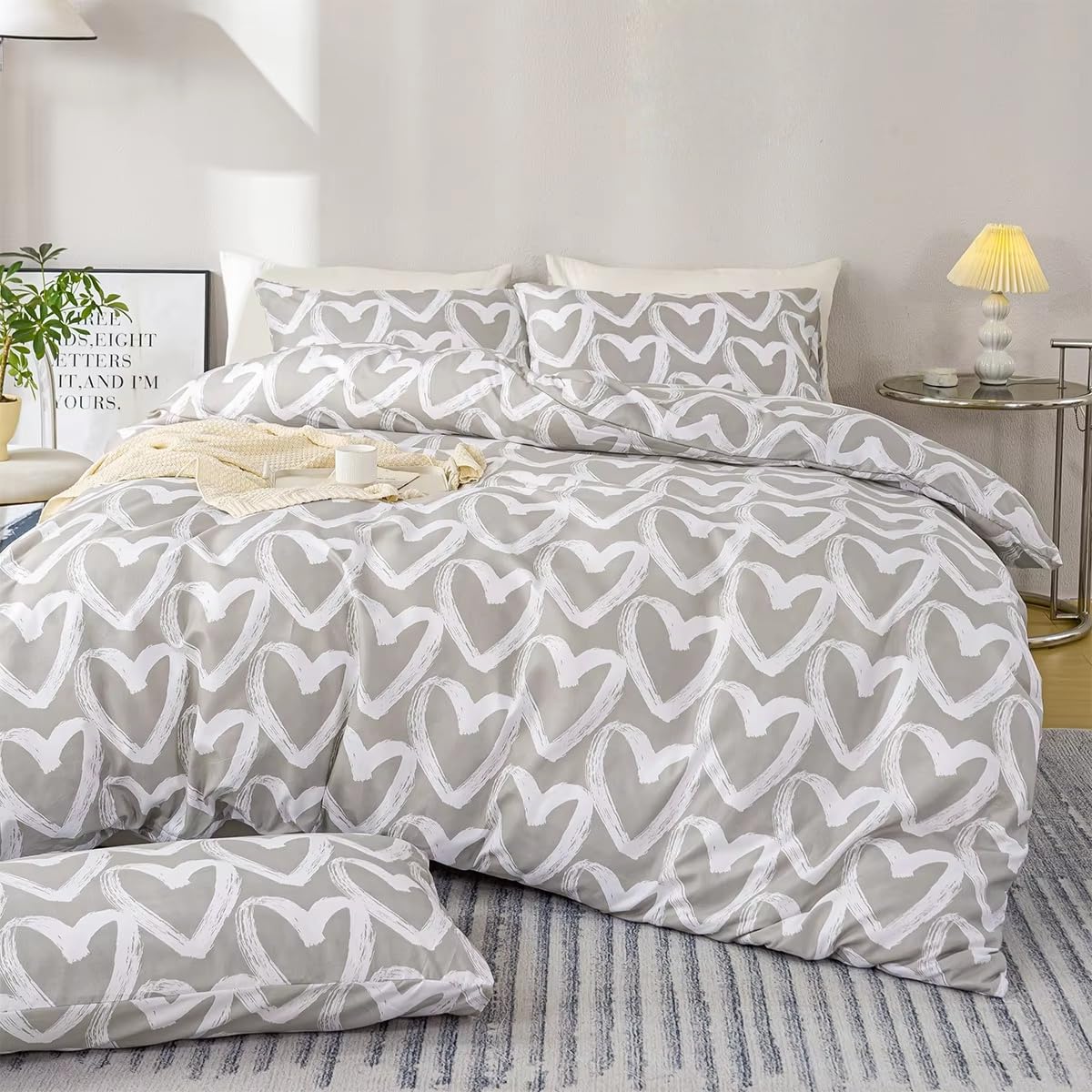 Juego de Ropa de Cama con Diseño de Corazón para Niñas - Funda Nórdica 135X200 con Estampado de Corazón de Pinceladas Blancas y Funda de Almohada - Funda de Edredón de Estilo Romántico y Senci