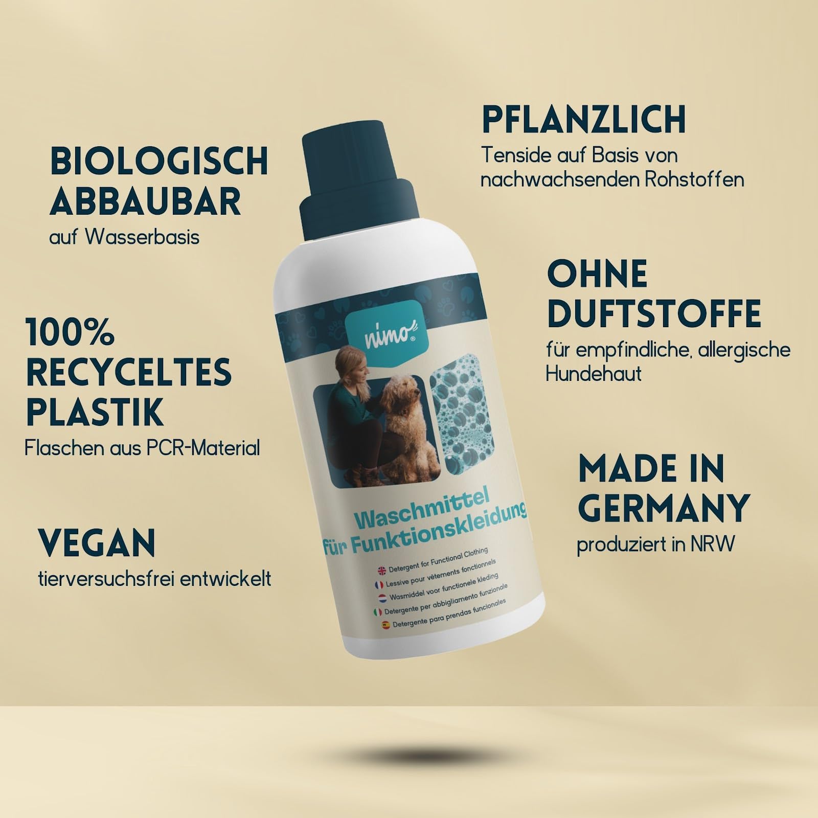nimo® Waschmittel für Funktionskleidung | ohne Duftstoffe & Farbstoffe | Spezialwaschmittel für Funktionstextilien, GORE-TEX, Sympatex | vegan