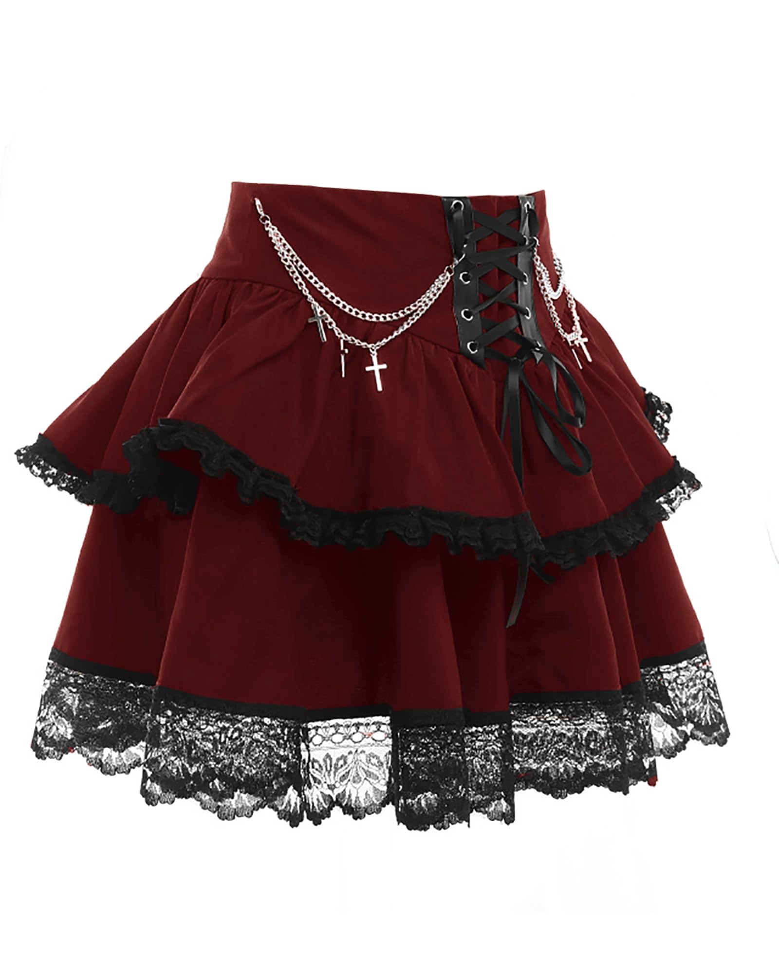 Gotico Street Sexy Bandage Volant Gonna a strati Donna Vita Alta Solido Criss Cross Tie Up A-Line Minigonna a Pieghe Gonne