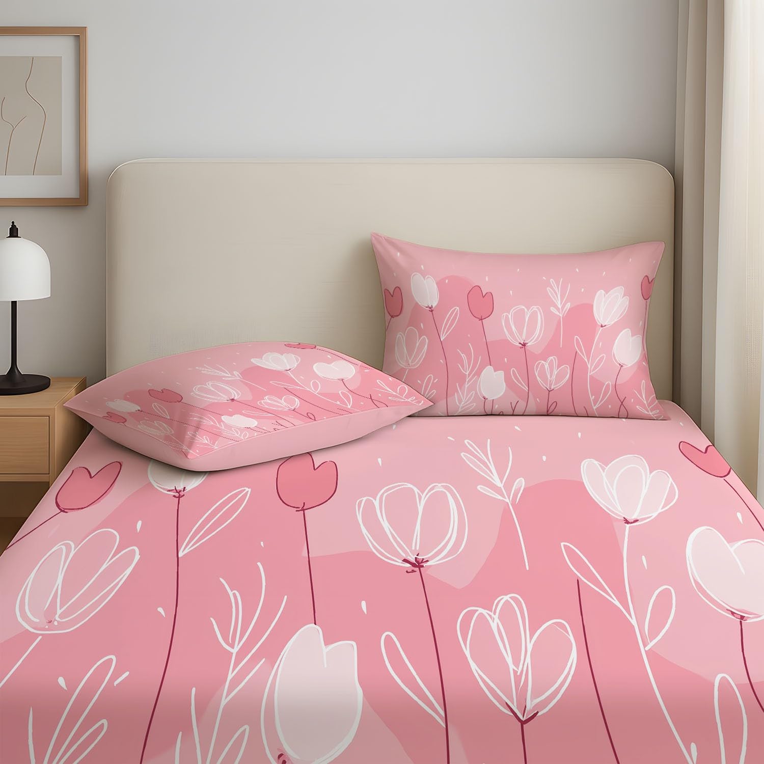 Rosa Sabanas 105 x 190 x 30 Cama 105 para Colchón de 30 cm de Altura Sabanas Ajustable Suave Transpirable Sabanas para Adultos y Ninos Minimalista Bonito Tulipanes Dibujado A Mano