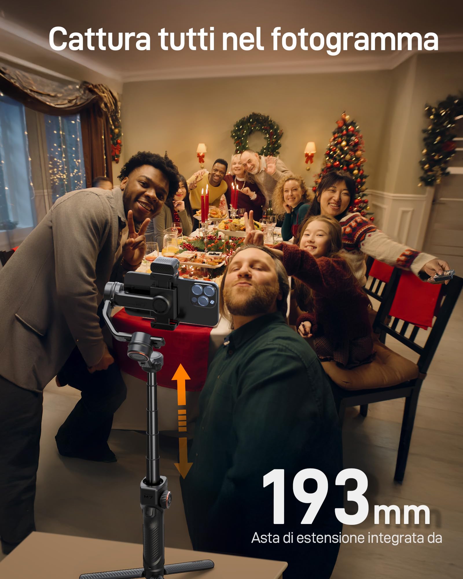 hohem iSteady M7 Gimbal Smartphone, Stabilizzatore Cardanico con tracciamento AI, telecomando touchscreen staccabile da 1,4", asta di estensione integrata, luce di riempimento, per video, YouTube