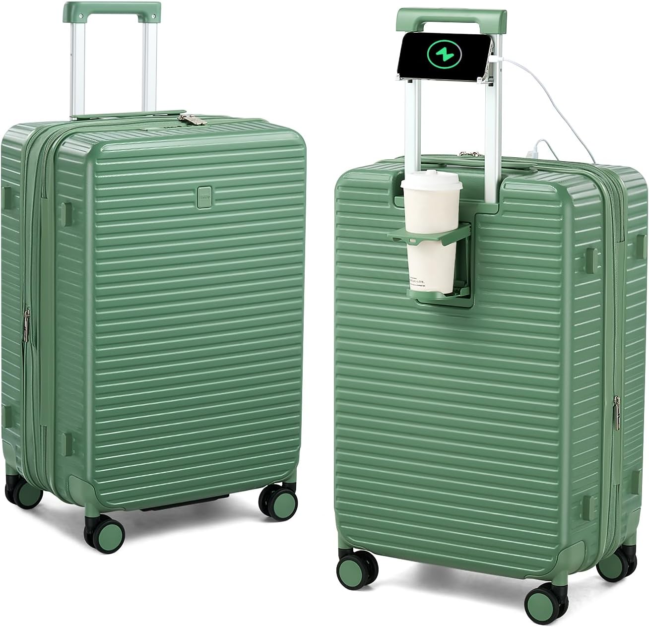 Hard Shell Suitcases Travel Expandable Luggage, 24 Inch Check in Luggage with Spinner Wheels Cup Holder Charger Built in, Checked Medium Suitcase Lightweight Suitcases, Forest Green