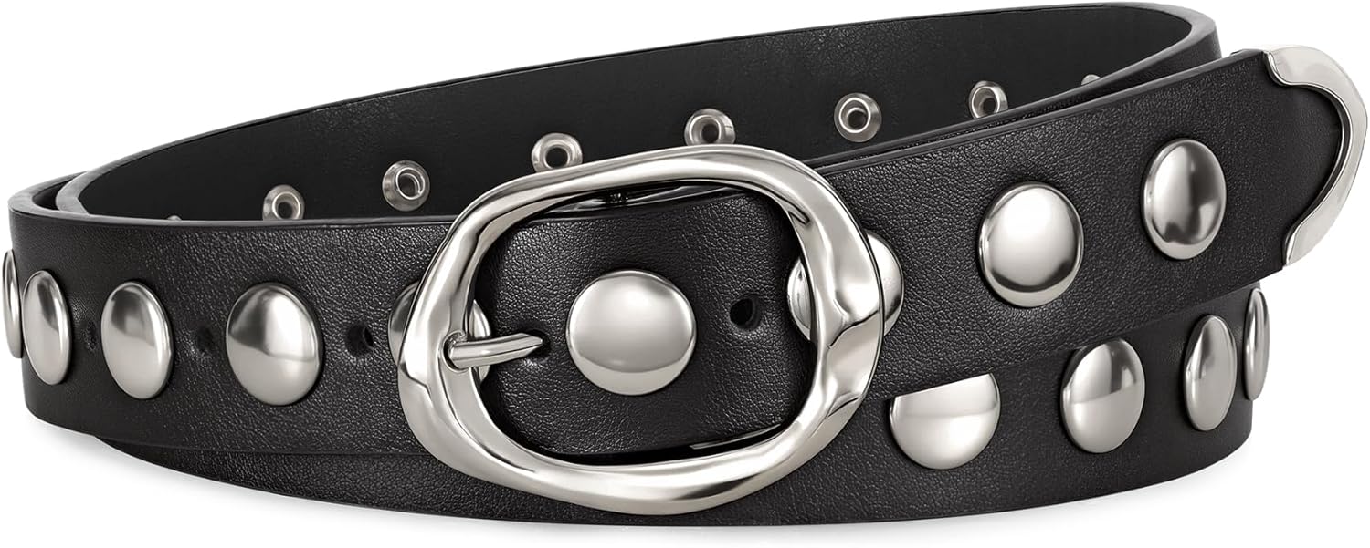 WERFORU Women Fashion Leather Belts for Jeans Pants Studded Leather Belts for Women Casual Waist Belts with Gold Buckle