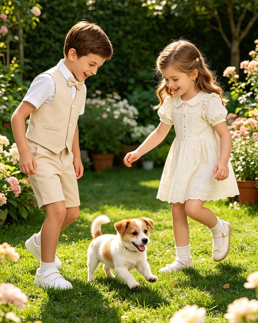 Boys Linen Short Suit Kids Summer Ring Bearer Outfits 4 Pieces Shirt,Vest, Pants and Tie Dresswear Suit Set