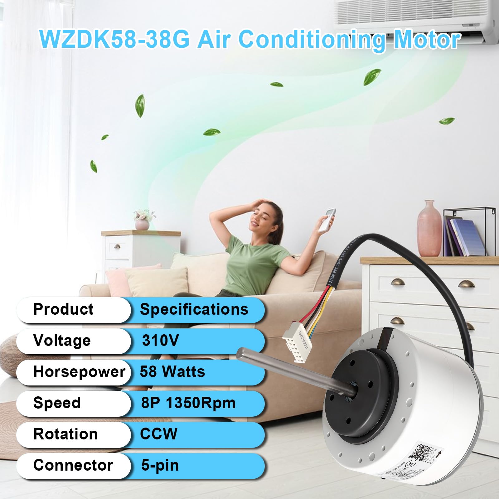 WZDK58-38G Motor de aire acondicionado compatible con Midea Inverter AC, reemplaza SIC-55CVL-F159-1 ZKFP-58-8-1-5 310V 58W 8P 1350r/min CCW 5 cables