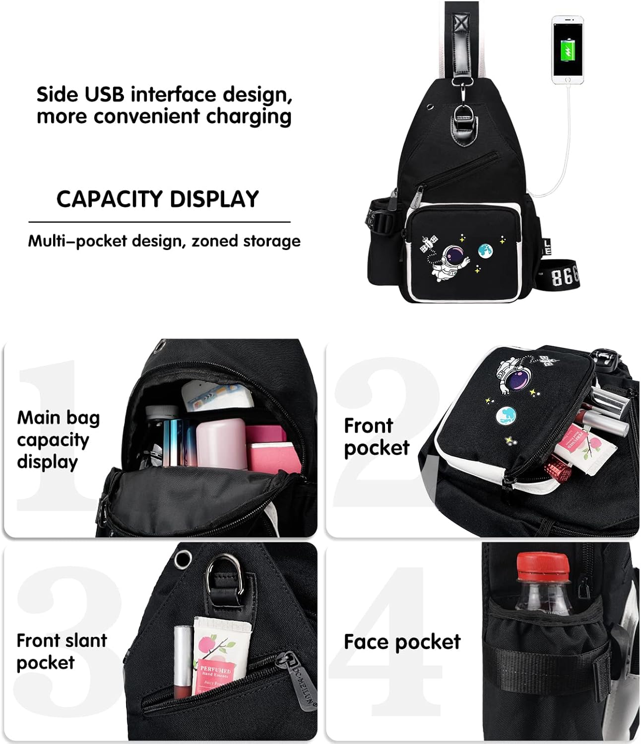 Sling Bag for Teen Boys, Luminous Chest Pack Waterproof Travel Shoulder Backpack (Astronaut)