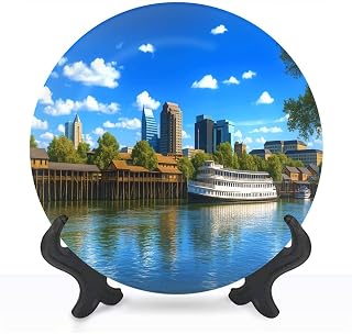 HABEN ARTWORK Decorative Ceramic Plates for Display with Stand, 10" Downtown Sacramento Skyline Historic Riverboat Dinner Plate for Wall Hanging Tabletop Decor Home Housewarming Gifts
