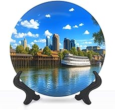 HABEN ARTWORK Decorative Ceramic Plates for Display with Stand, 8" Downtown Sacramento Skyline Historic Riverboat Dinner Plate for Wall Hanging Tabletop Decor Home Housewarming Gifts