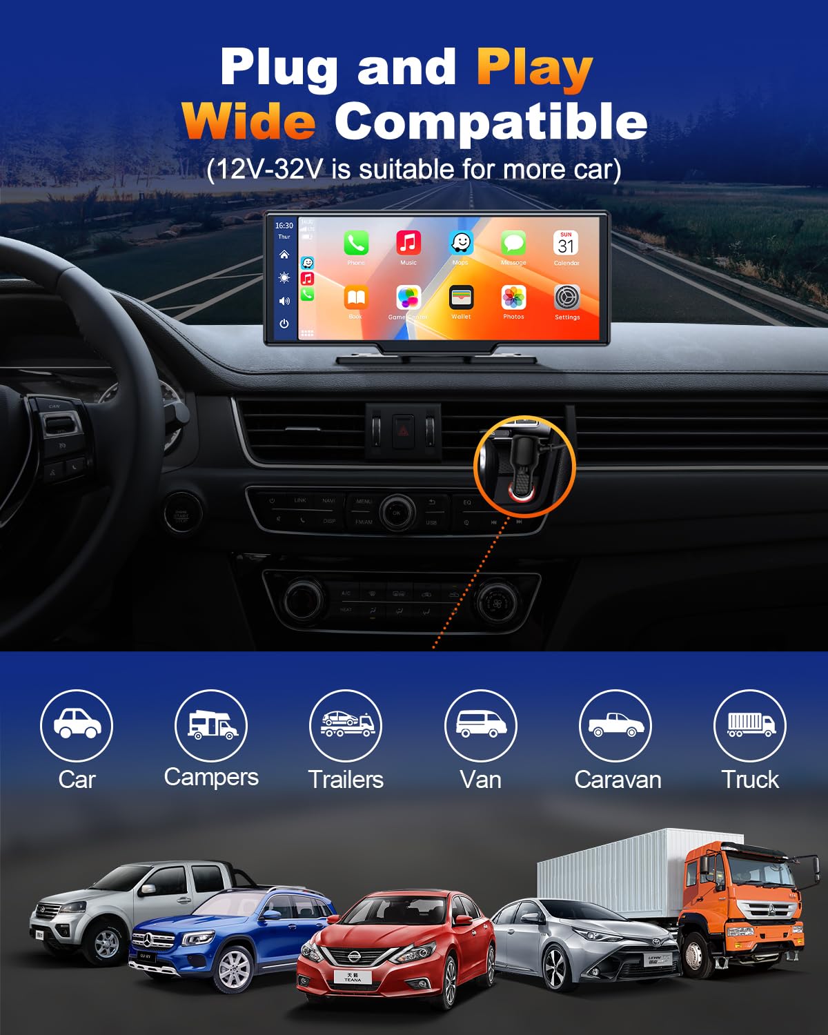 Volam 9,26-calowy wyświetlacz samochodowy Carplay i Android Auto, ekran dotykowy, GPS, Siri, Google Assistant, Bluetooth 5.0, Aux, FM