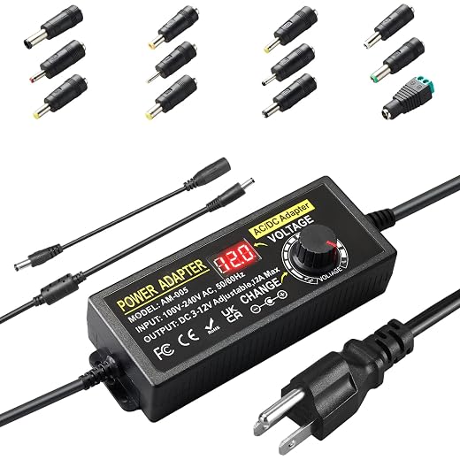 Universal Power Supply Adjustable 3V~12V 12A 144W Variable Switching Power Adapter 100V-240V AC to DC Converter Transformer with 14 Tips&Polarity Converter,LED Voltage Display3V4V5V6V7V8V9V10V11V12V
