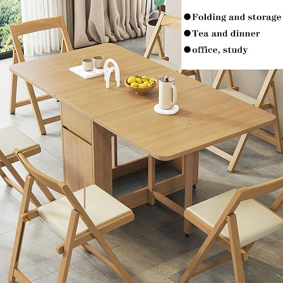 Solid Wood Folding Table and Chairs, Folding Dining, Drop Leaf Table, Extendable Dining Table for Kitchen Dining Room Living Room Restaurant