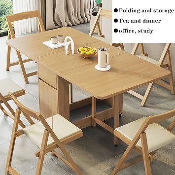 Solid Wood Folding Table and Chairs, Folding Dining, Drop Leaf Table, Extendable Dining Table for Kitchen Dining Room Living Room Restaurant
