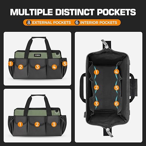 Miniatura 5 de Kingfun Bolsa de herramientas de 16 pulgadas para hombres resistente, organizador de bolsas de herramientas de 14 bolsillos, correa de hombro