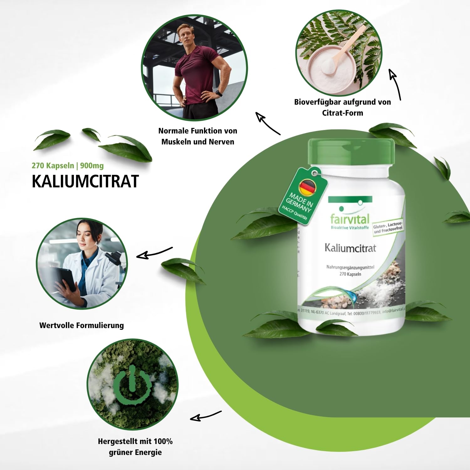 fairvital Kaliumcitrat Kapseln, HOCHDOSIERT, 300mg Kalium pro Kapsel, VEGAN, Potassium Citrate, 270 Kapseln