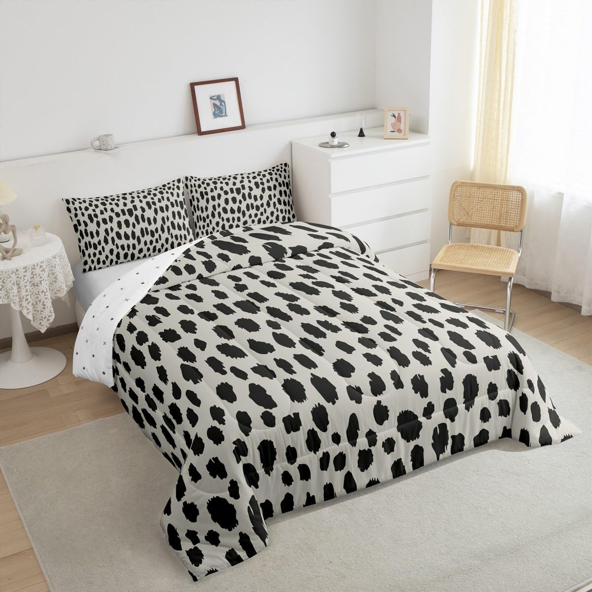 jejeloiu Polka Dot Comforter Set Toddler Size Modern Art Geometric Duvet Quilt for Kids Boho Bedding Set Women Men Teens Ultra Soft Ivory Black Decor All Season Breathable Lightweight