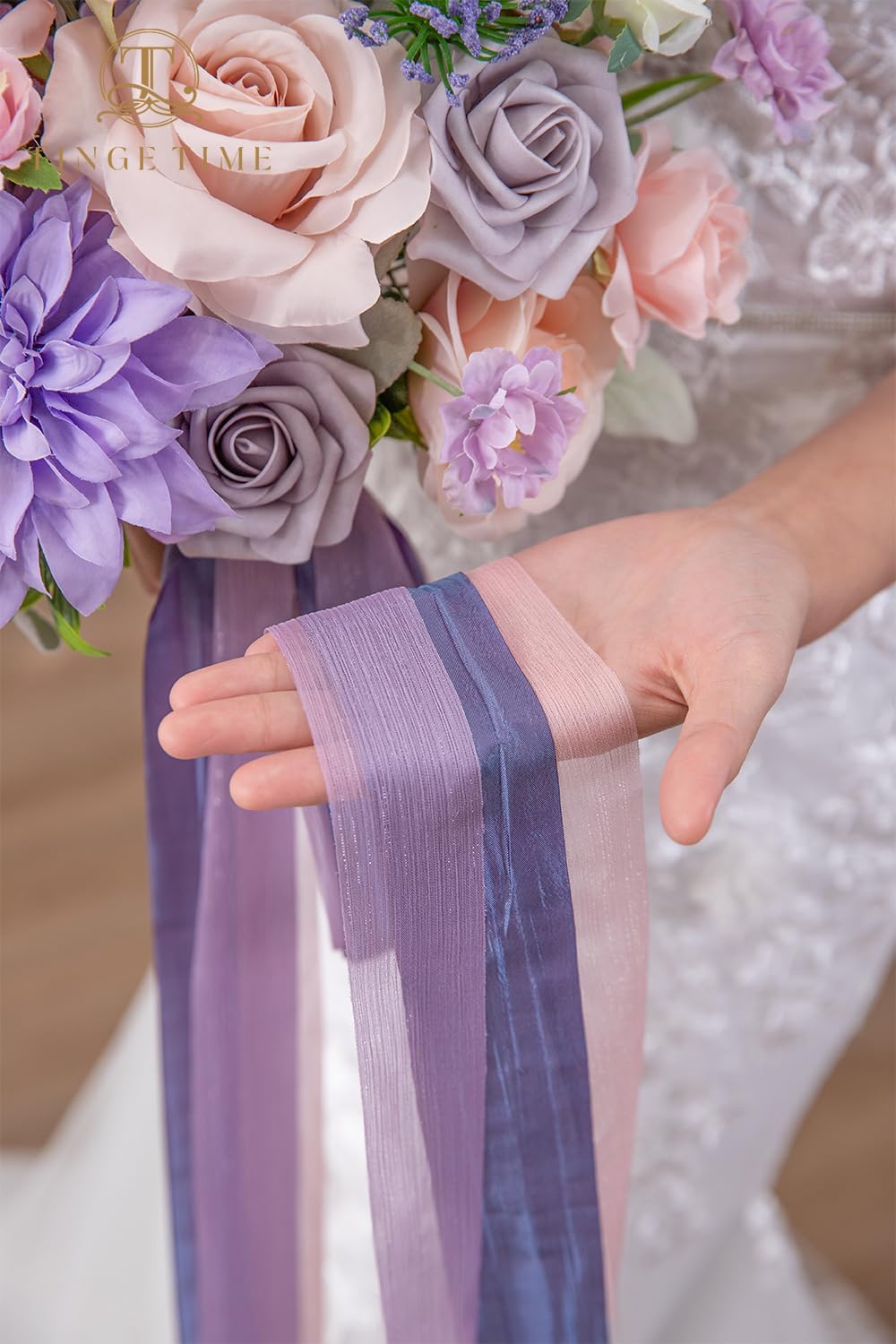 TINGE TIME 13 Inch Artificial Flower Wedding Bouquets for Bride, Cascading Bridal Bouquet for Wedding Bouquet for Wedding Ceremony and Anniversary(Violet&Mistyrose)