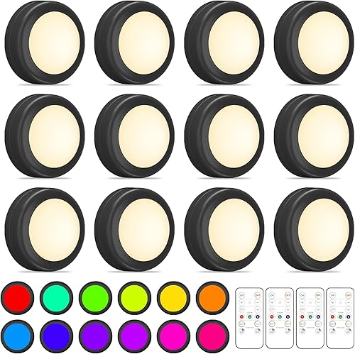 Luces de disco con control remoto, 16 luces de color intercambiables debajo del gabinete, luces LED inalámbricas a pilas con atenuador y atenuador