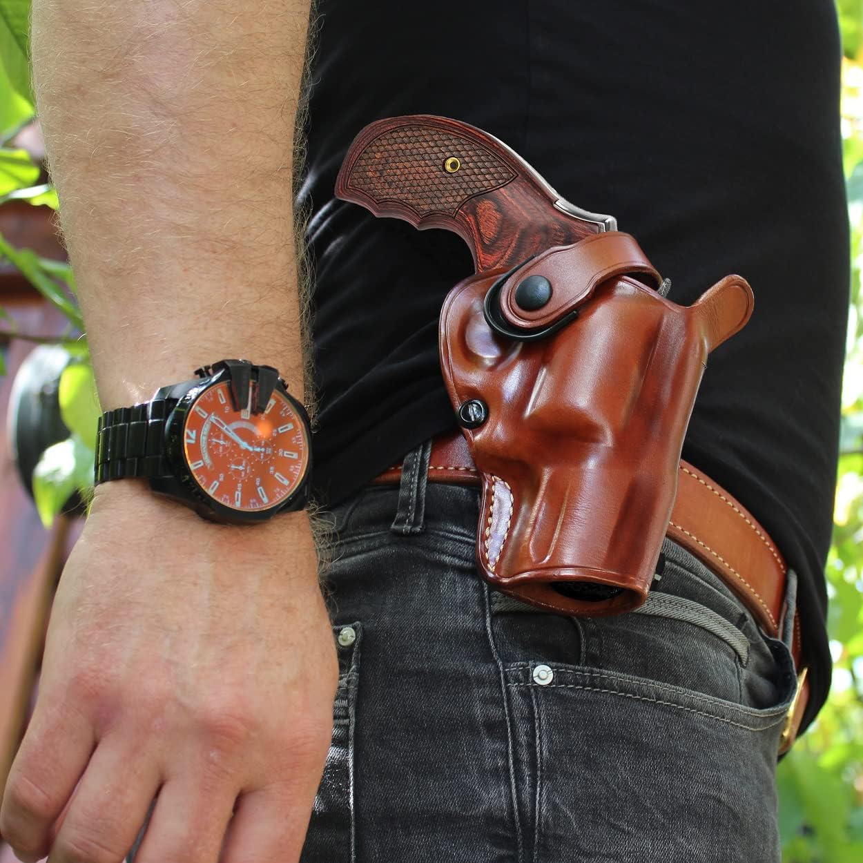 Masc OWB Leather Paddle Revolver Holster with Retention Strap, Fits Model 686 Plus .357 Mag 7-Shot 3-inch, Right Hand Draw Brown Color #1465#