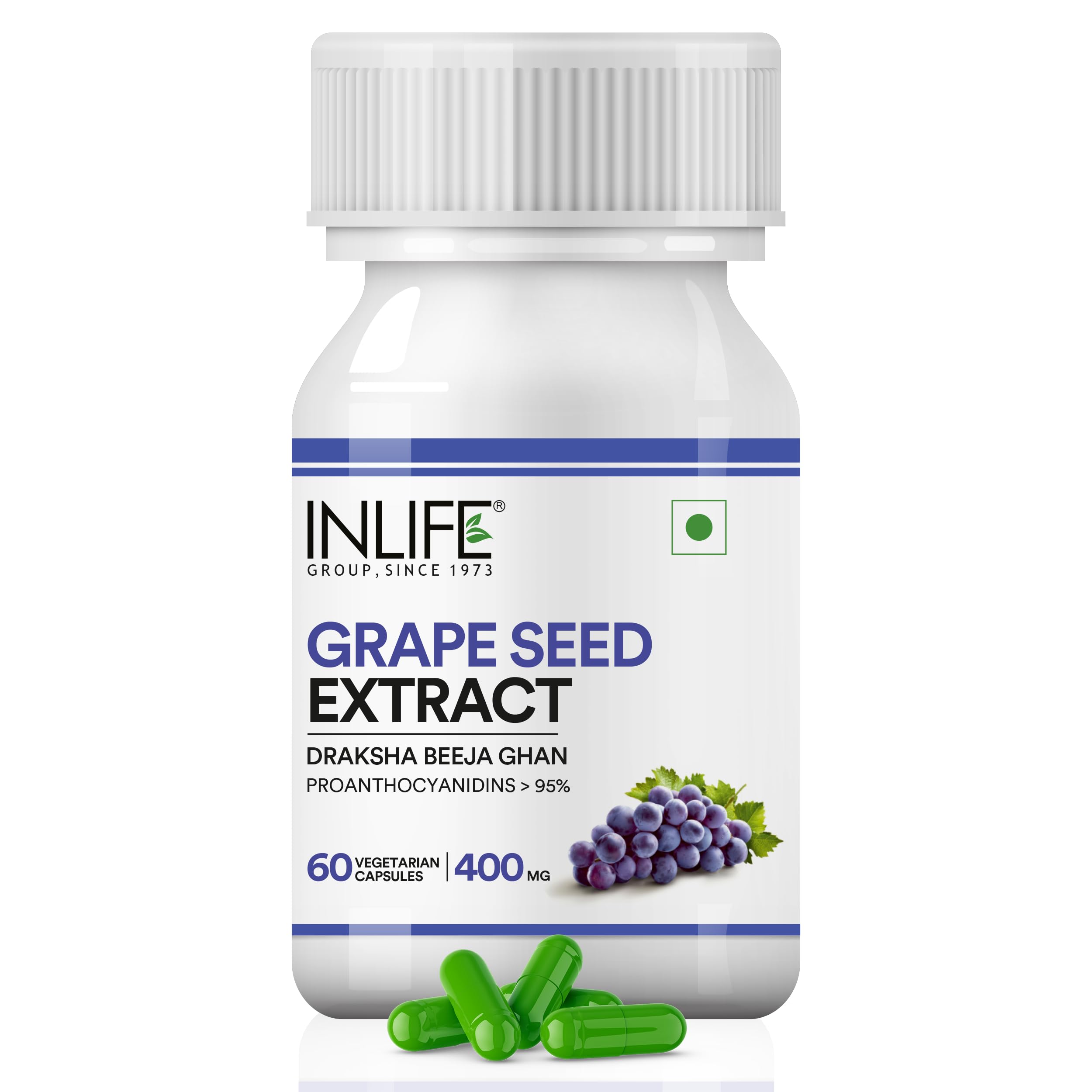 INLIFE Grape Seed Extract 400mg, Vitis Vinifera, >95% Proanthocyanidins OPC, Antioxidant Heart Skin & Immunity Health, Men Women, 60 Veg Capsules (Pack of 1, 60)
