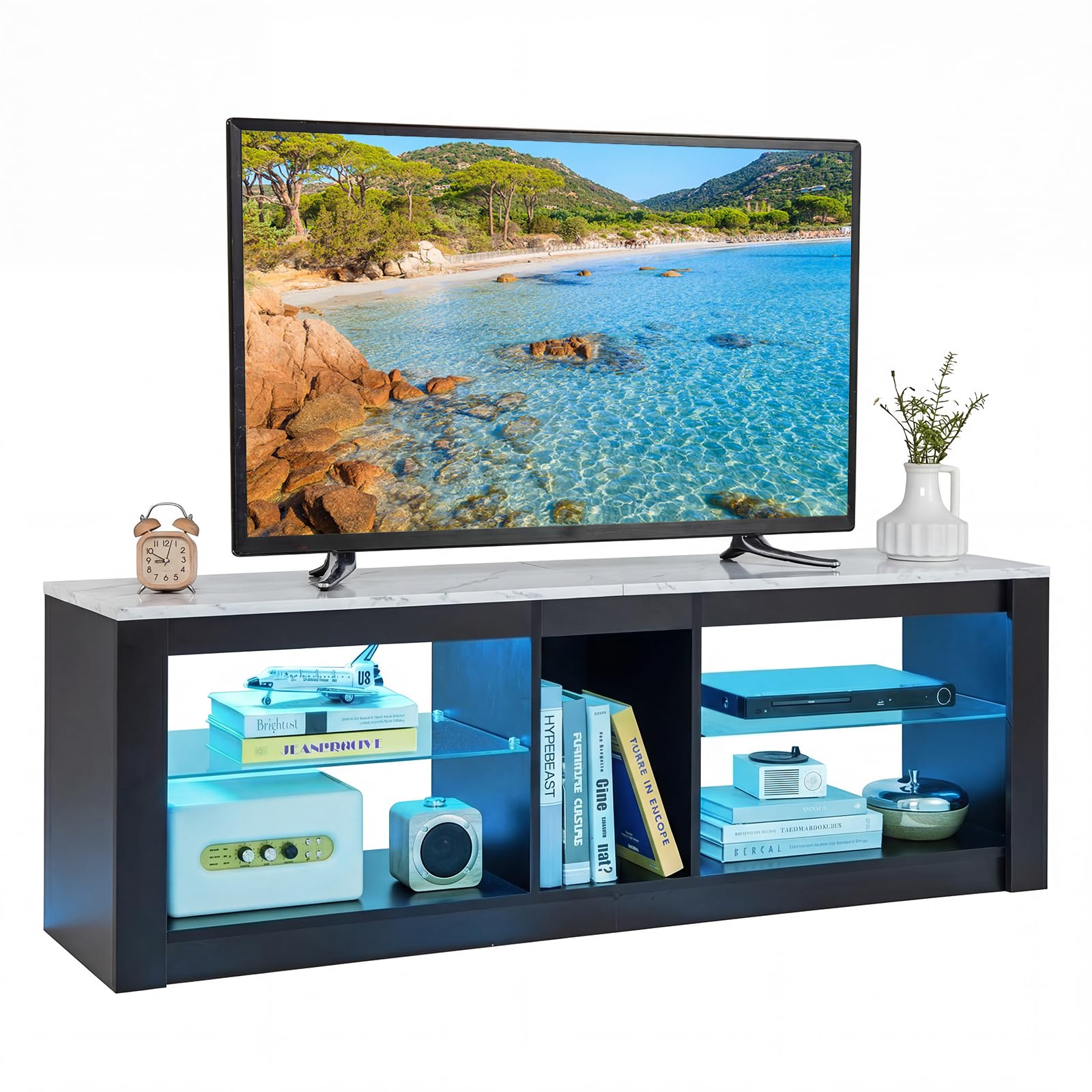 CASART LED TV Cabinet for 65 inch TVs, 140cm Entertainment Center TV Unit with Adjustable Glass Shelves & 20 RGB Light Colors, Modern Media TV Console Table for Living Room Bedroom (Black + Grey)
