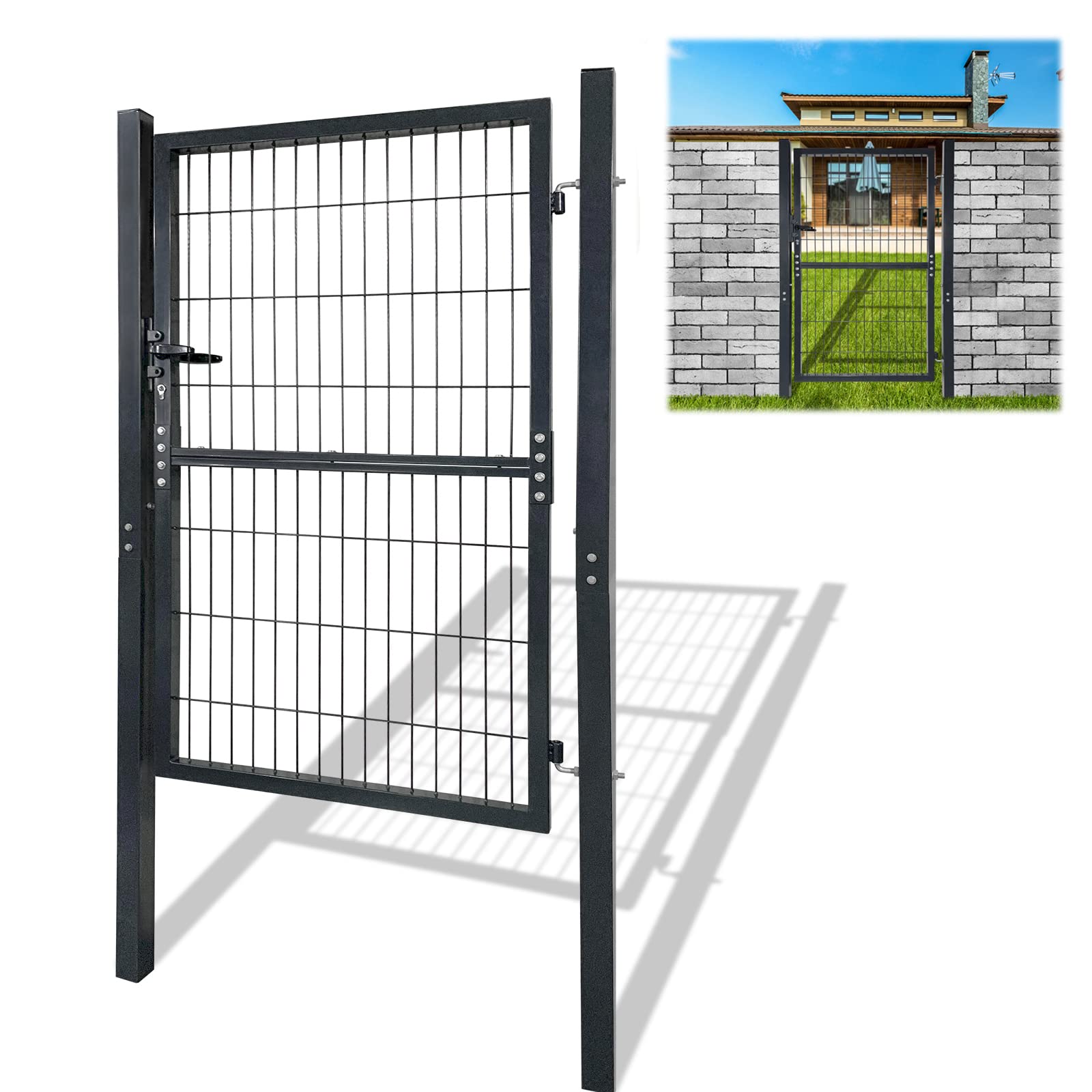 Cancello da giardino in metallo zincato per porta da giardino, rete metallica esterna con maniglia per porta, serratura e chiave per il giardino, il cortile, la terrazza, il cortile, la porta