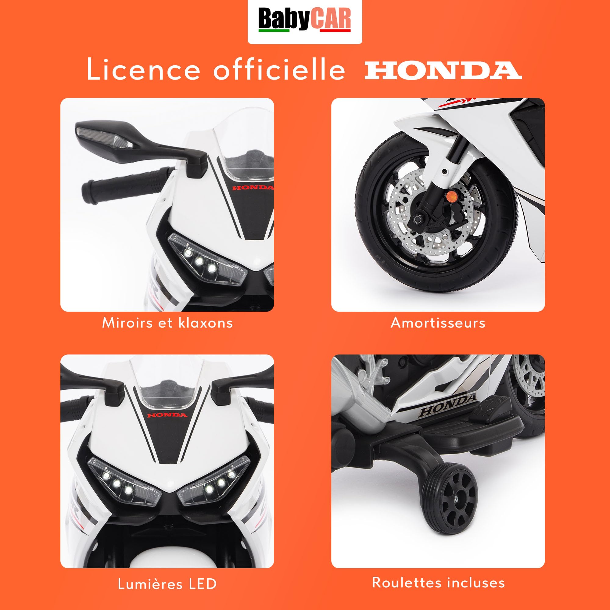 Moto Electrique Enfants BabyCar Honda CBR 12V | Moto Électrique Enfant 3-5 Ans avec Lumières, Sons, MP3/USB et Roulettes Stabilisateurs | Batterie 12V 3,5Ah, Moteur 30W et Accélérateur au Pied | Blanc