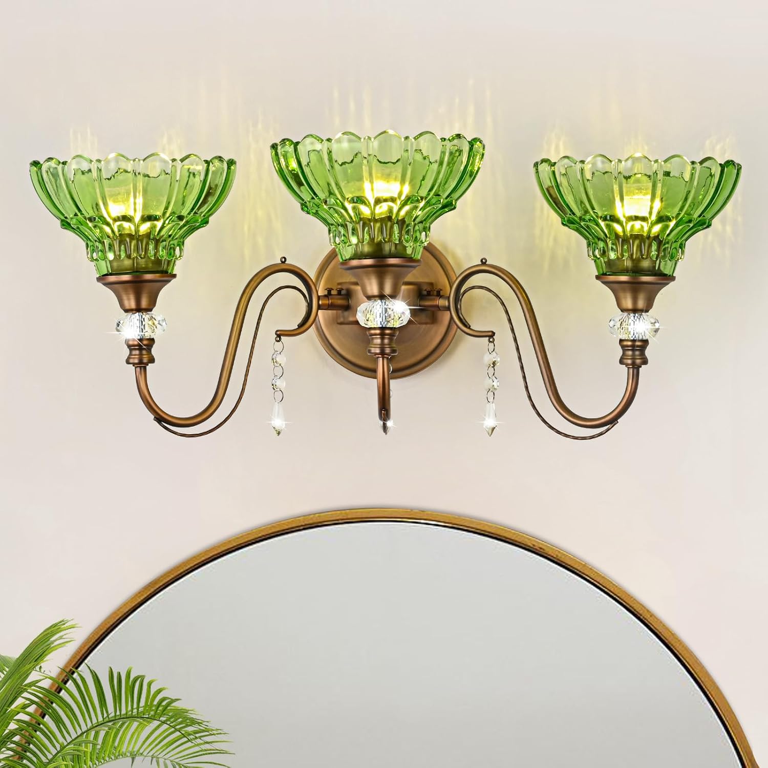 Vintage Bathroom Vanity Light, 3-Light Matte Antique Brass Finish Wall Sconce with Hanging Crystal Accents and Flower-Shaped Green Glass Shades, Retro Wall Mount Vanity Light Over Mirror for Bathroom