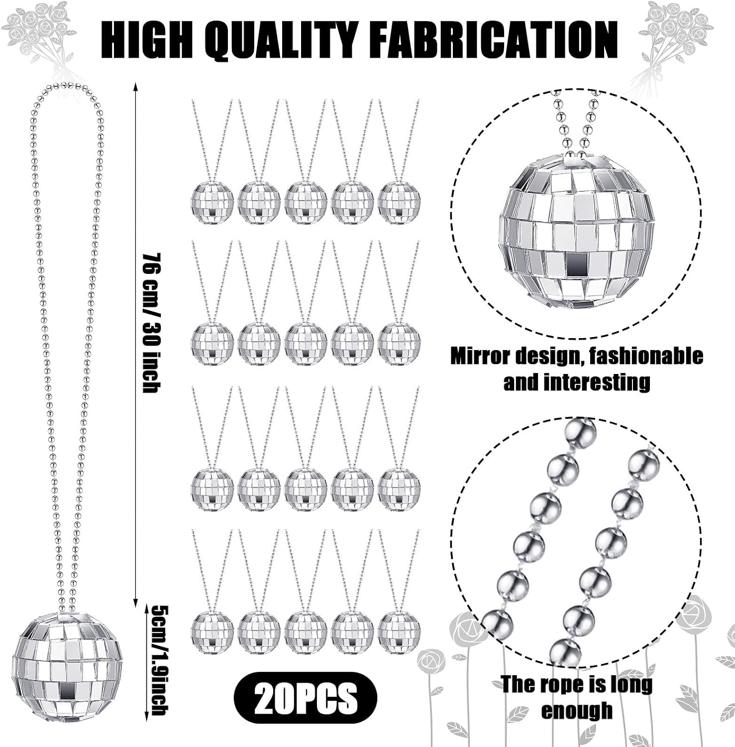 Sureio 20 Pcs Disco Ball Necklaces 1.97 Inch Silver 70s Party Favors | Mirror Beaded Hanging Chains,Retro Costume for Disco Themed Parties, Stage Props,Game Accessories,Dress Up Accessories Bulk