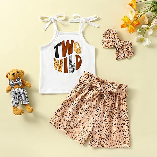 Vista 2 de Traje de cumpleaños para niña pequeña de 1 a 5 años, de manga corta, con estampado de leopardo, pantalón acampanado