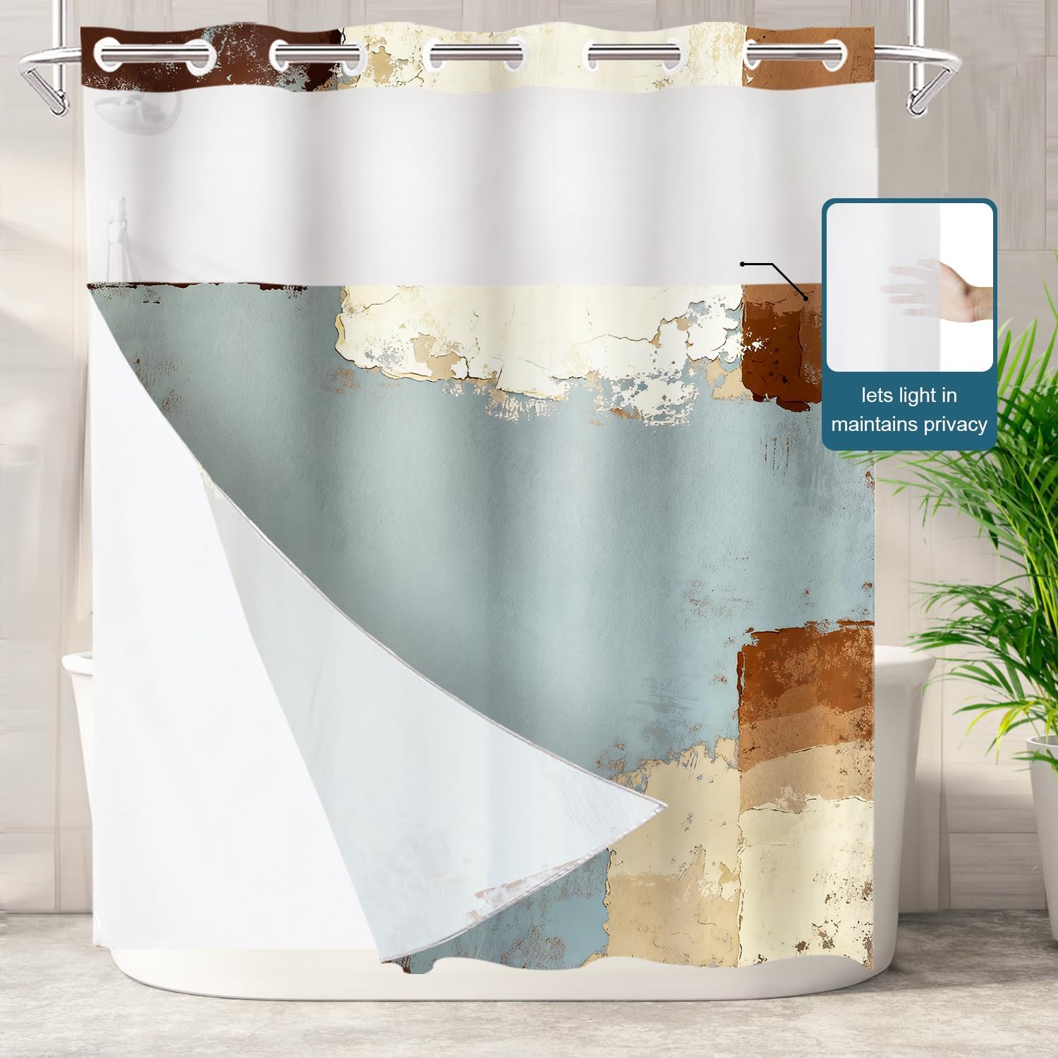 Batmerry Grey and Beige Abstract Art Painting No Hooks Shower Curtain Snap in Liner Set, Brushstrokes Abstract Brush Painting Bathroom Decor Polyester Quick-Drying Waterproof for Bathtubs, 71X86 in