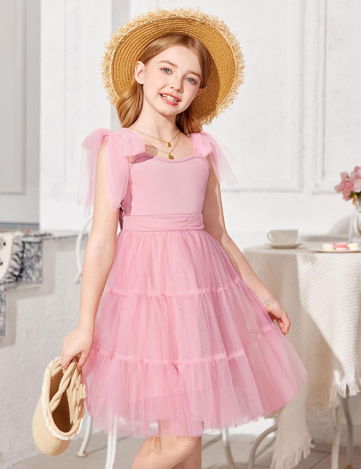Arshiner Girls Dresses Summer Sleeveless Bow-Tie Straps Formal Fancy Party Birthday Tulle Dress