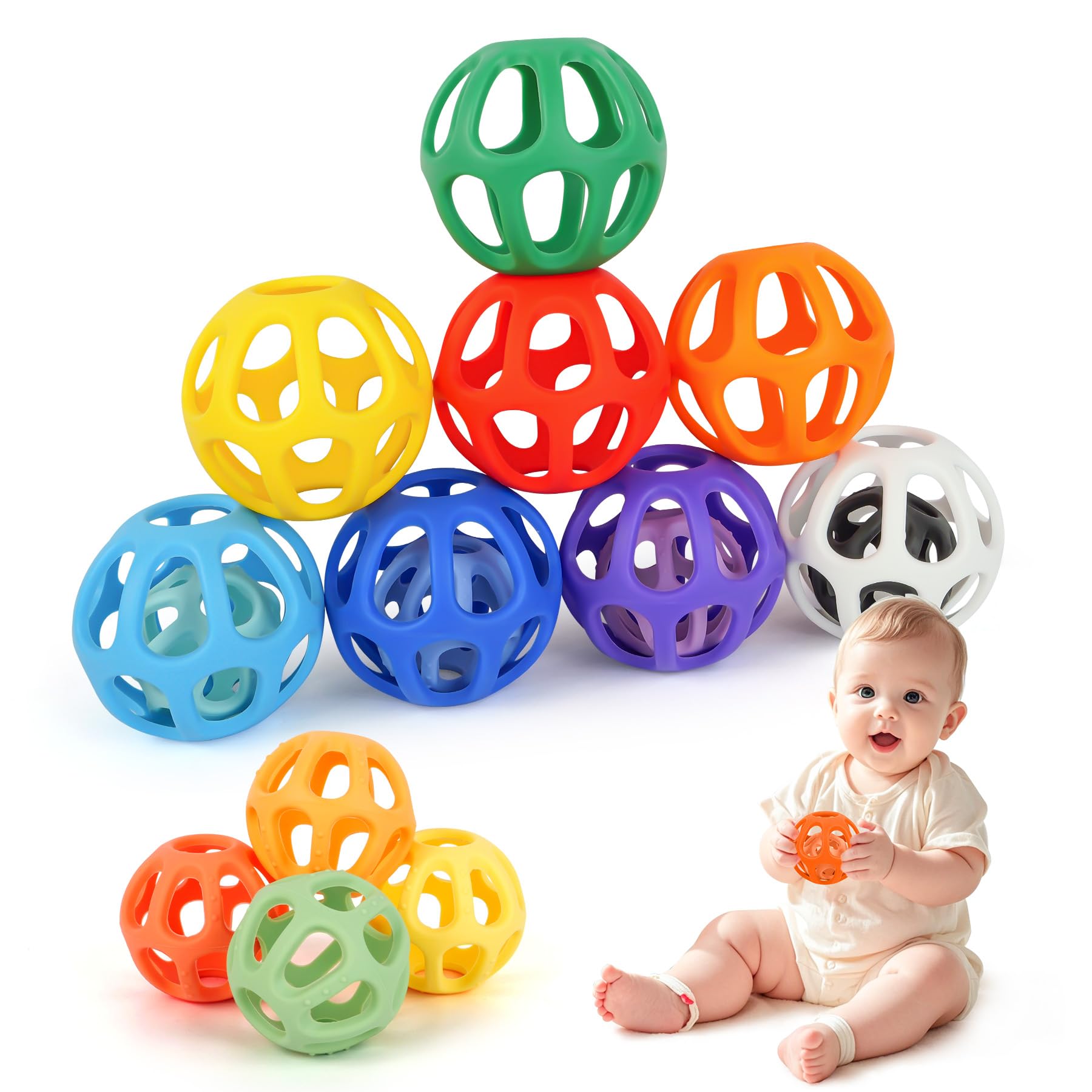 MCGMITT Baby Sensory Balls 8PCS for 6-12 Months, Colourful Grasping Balls Baby Toy, Soft Silicone Teething Toys