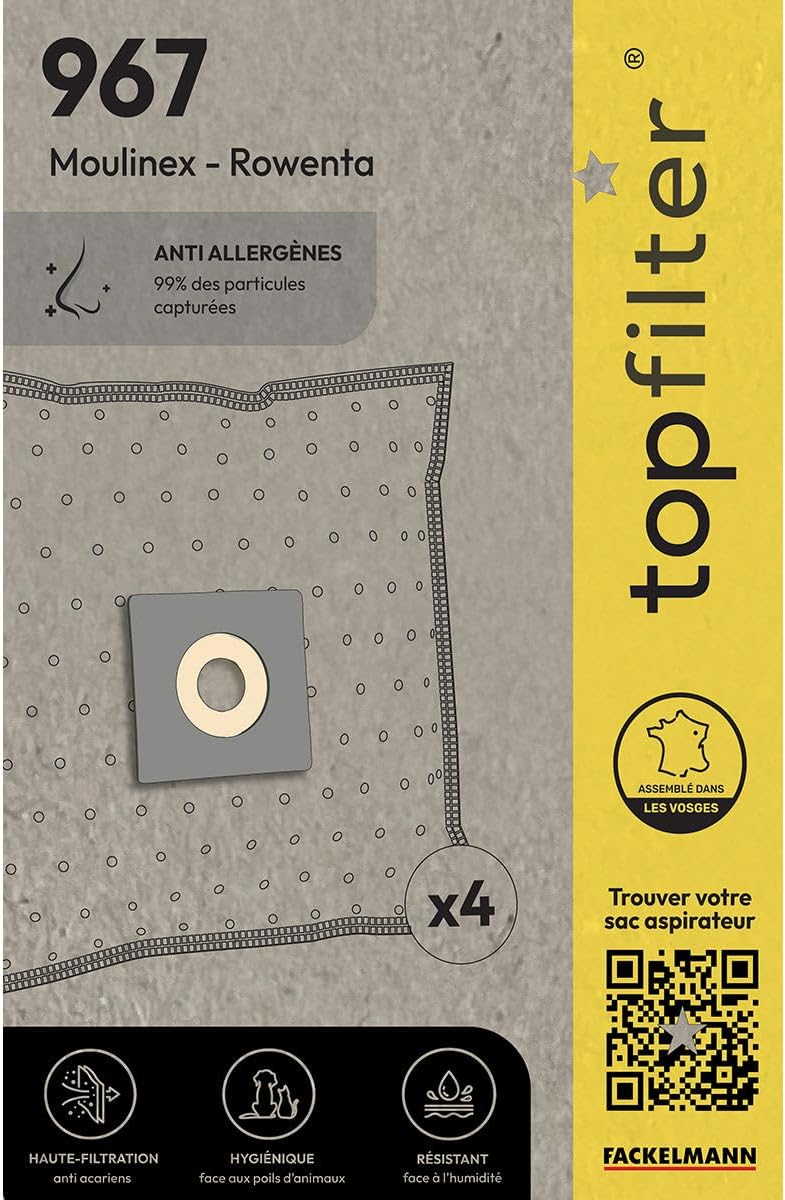 TopFilter 967 Tokiwa Pack of 4 Vacuum Cleaner Bags for Moulinex Vacuum Bags, Plain, 4 Dust Bags (30 x 26 x 0.1 cm