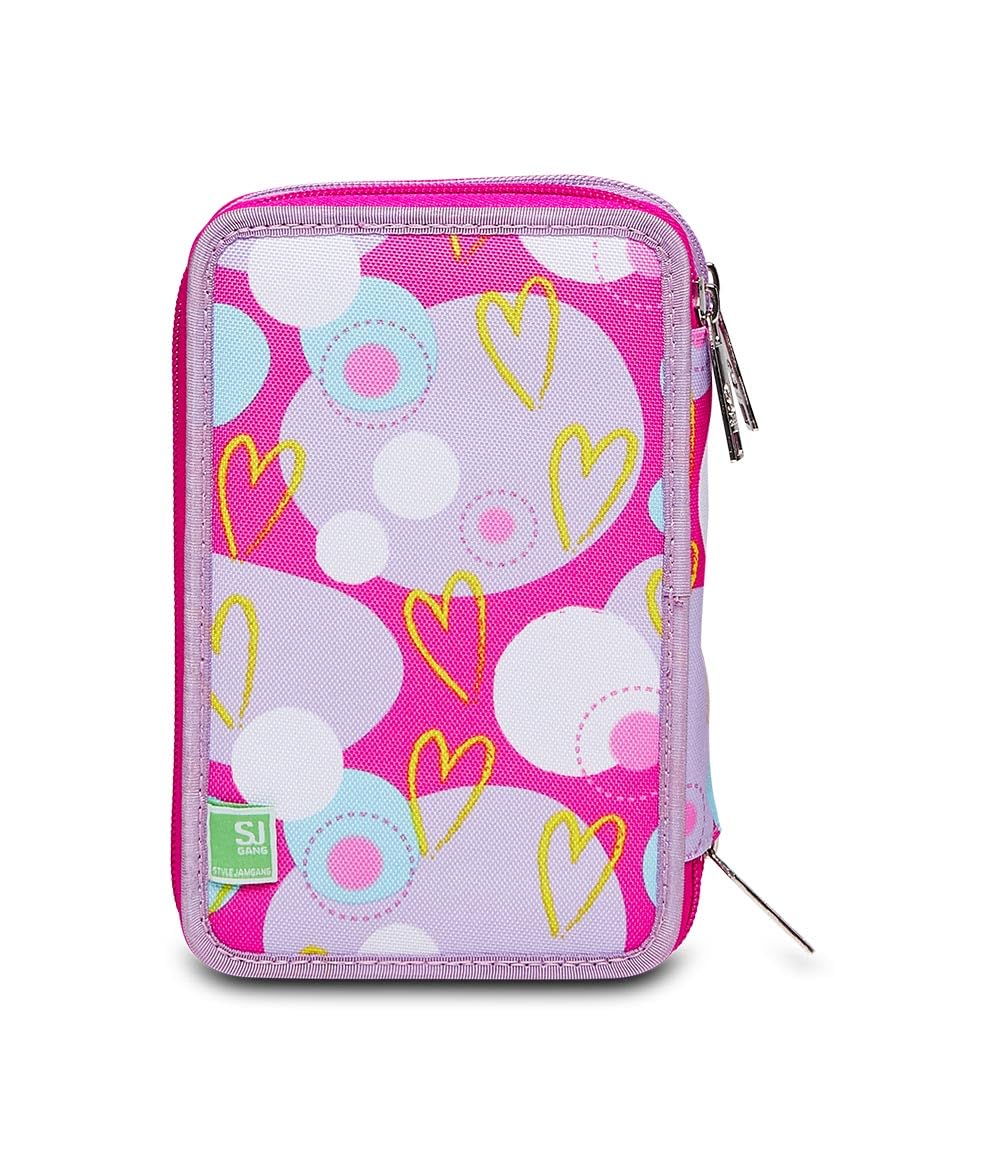 SJ GANG STYLE JAM GANG, Astuccio Scuola 3 Zip, HEART LOLLY, Rosa, Triplo scomparto, 45 pezzi, Attrezzato con Matite, Pennarelli e altro, Portapenne Scuola Bambina