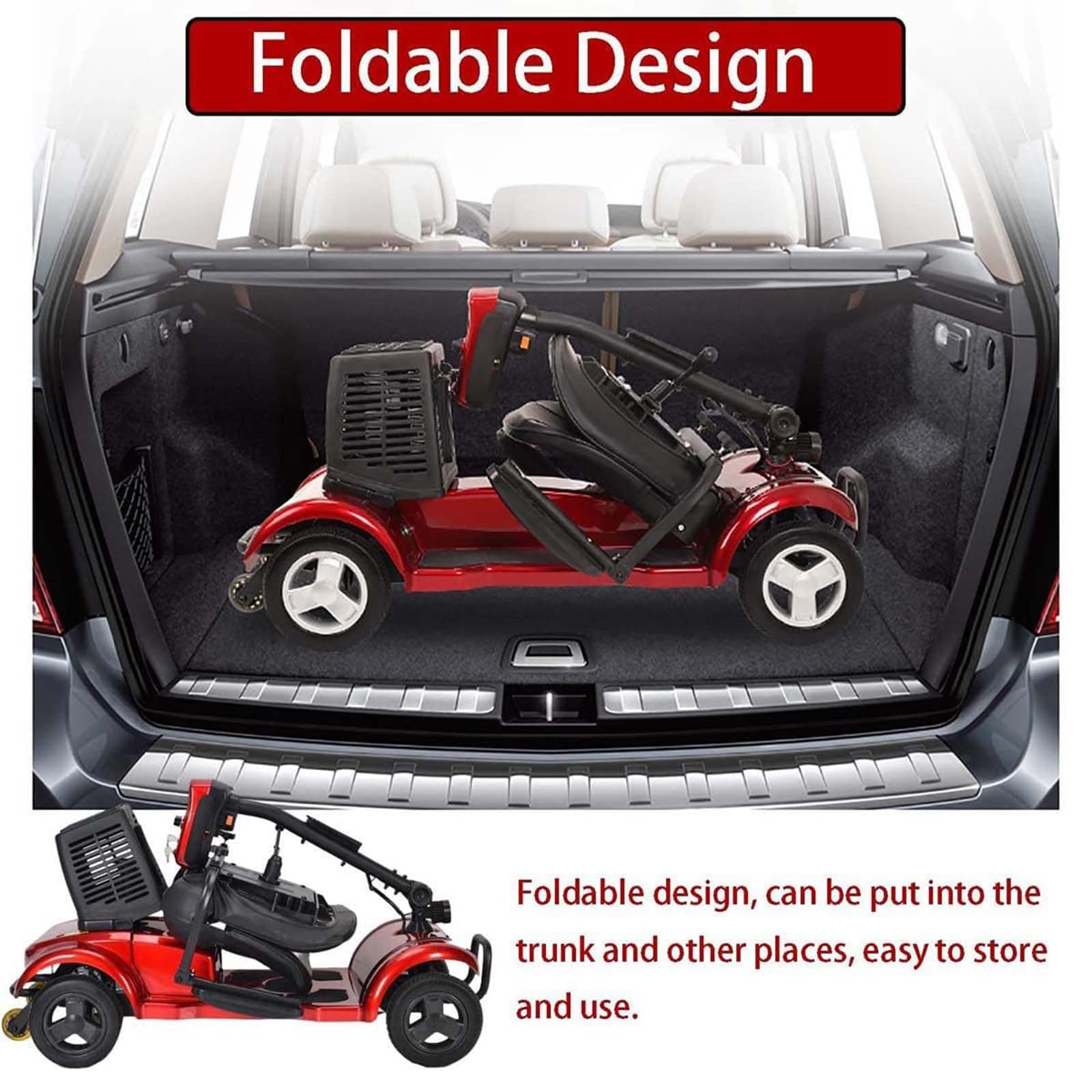 Scooter électrique 4 roues (charge 200 kg) - Siège pivotant à 360° (hauteur réglable), 8 roues + phare LED, poignée anneau + frein électromagnétique, pour personnes âgées, handicapées, adultes, blan