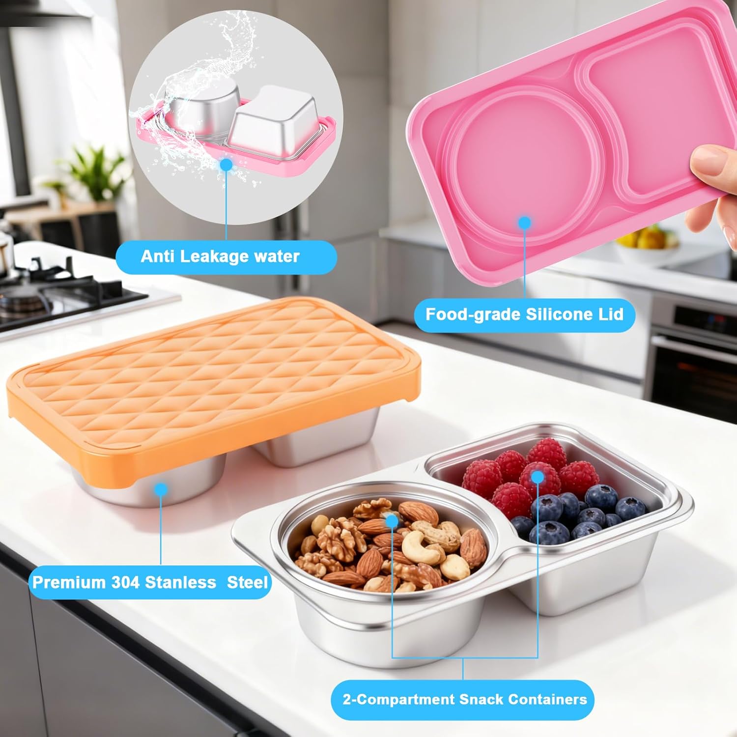 Stainless Steel Snack Containers, 2 Compartment Leak-Proof Snack Containers with Sillicone Lids, Reusable small Food Storage Containers for School,Travel, Outdoor, Camping,office (4)