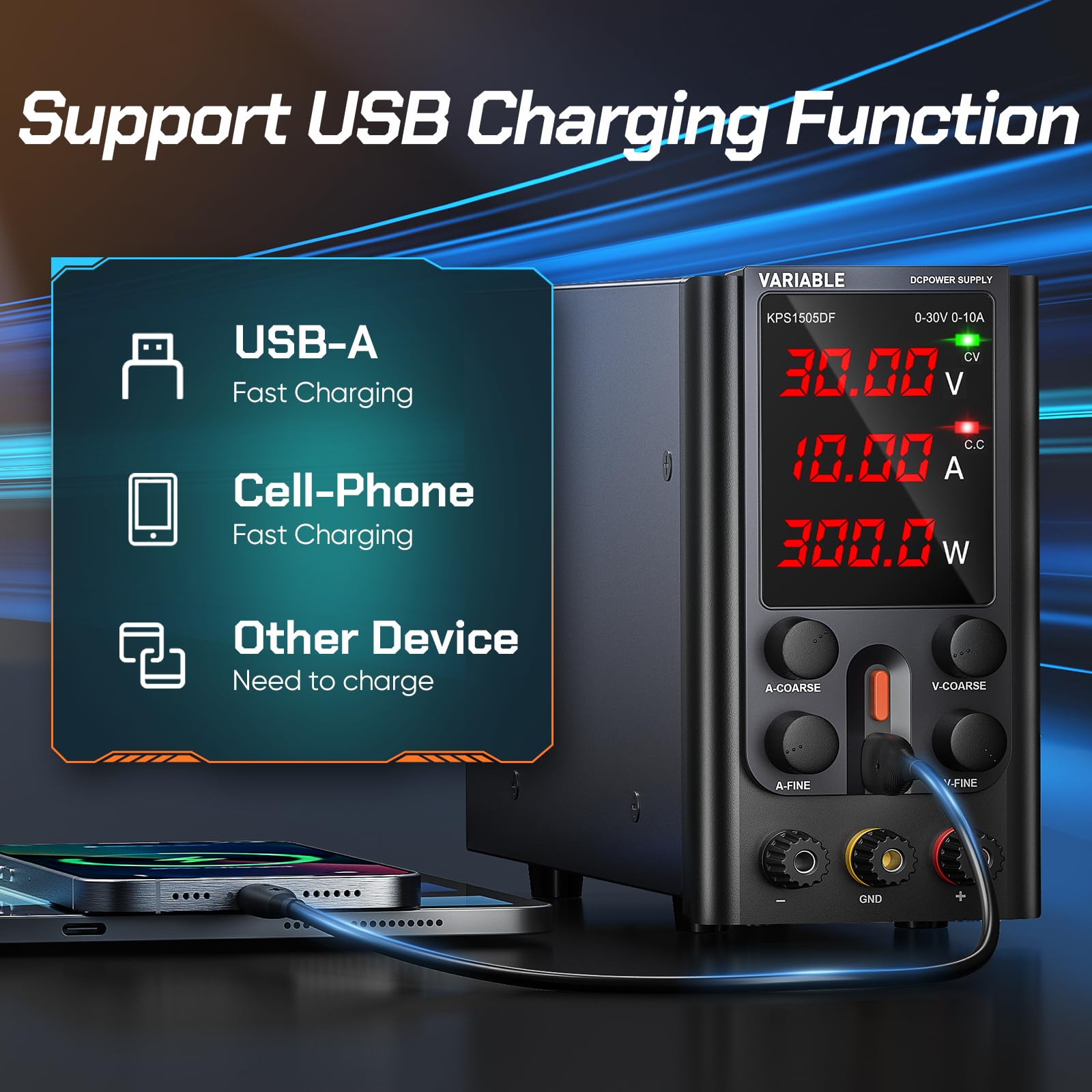 Alimentation de Laboratoire, 30V 10A Alimentation de à Commutation Réglable avec, Interface USB A 5V2A, Ajustable à Courant Continu, Affichage LED à 4 Chiffres