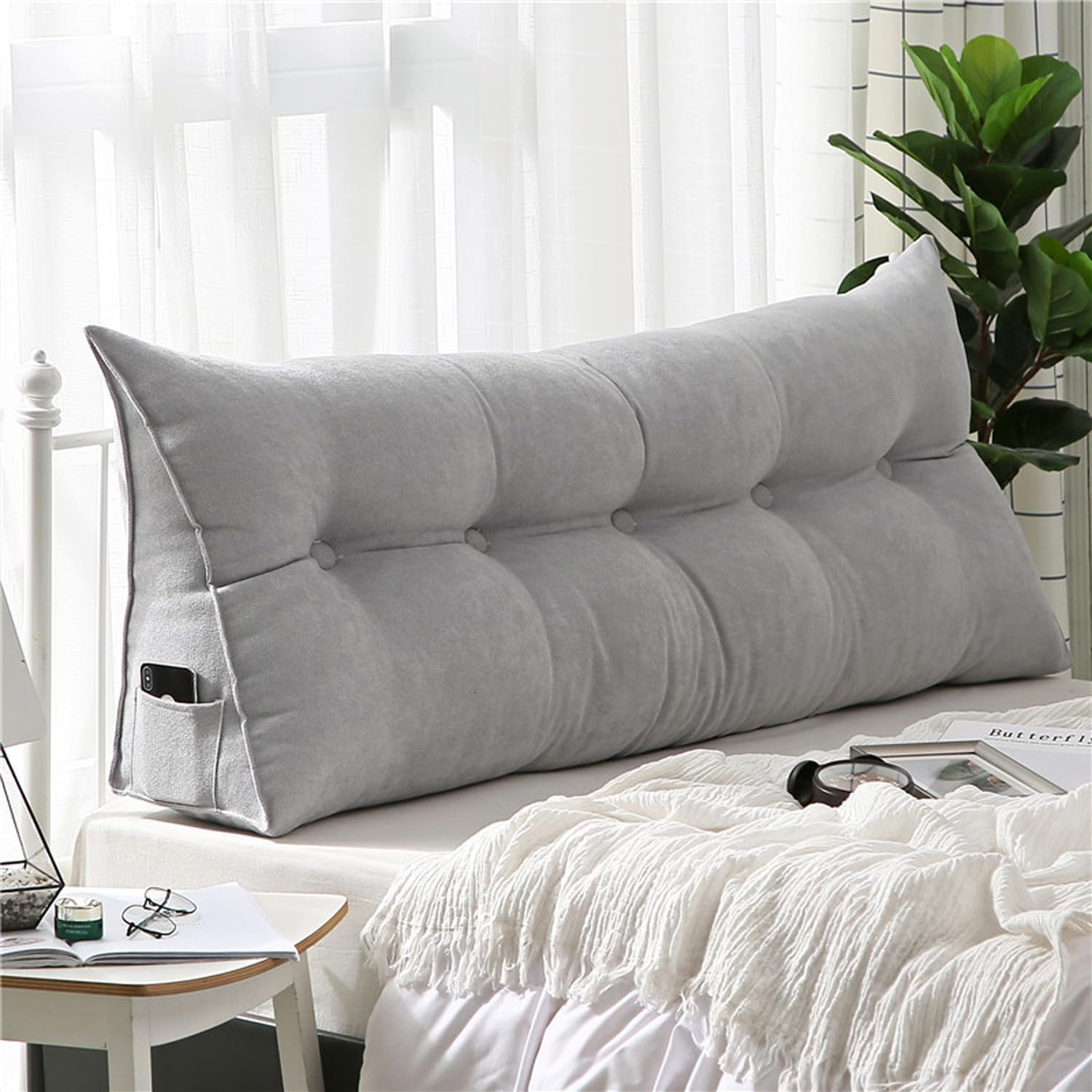 Cuscino a cuneo per testiera letto, comodo e lungo, per lettura, divano letto, finestra a baia, rettangolare, lavabile (200 x 50 x 20 cm, grigio chiaro)