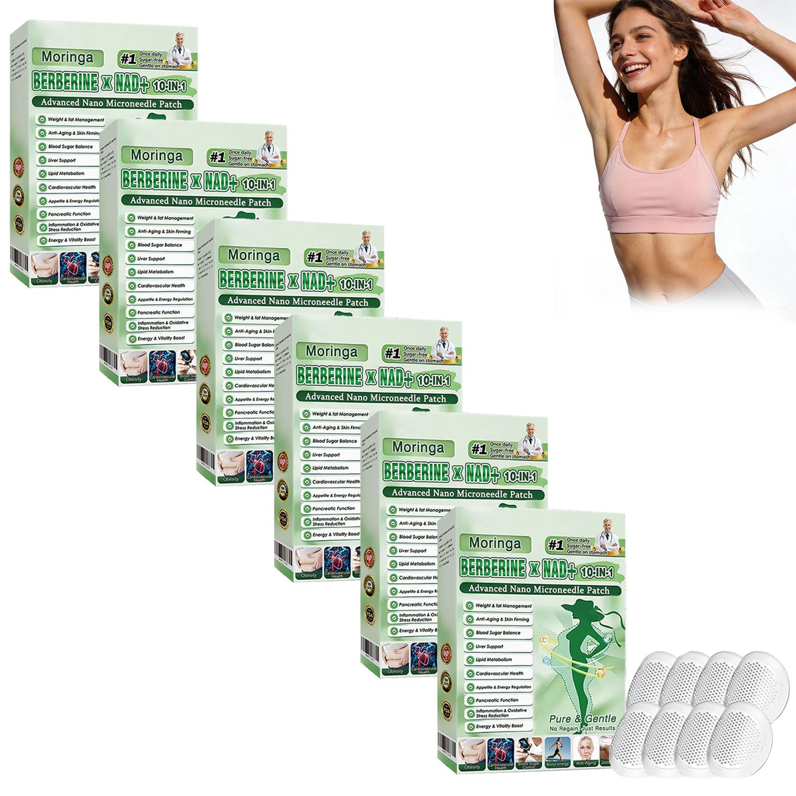 Moringa X Berberine Patch 10 in 1, Nano-Microneedle Schlankheits-Patch, natürliche Inhaltsstoffe, einfach anzubringen, unsichtbar unter der Kleidung, ideal für Damen und Herren (6 Boxen) - 1