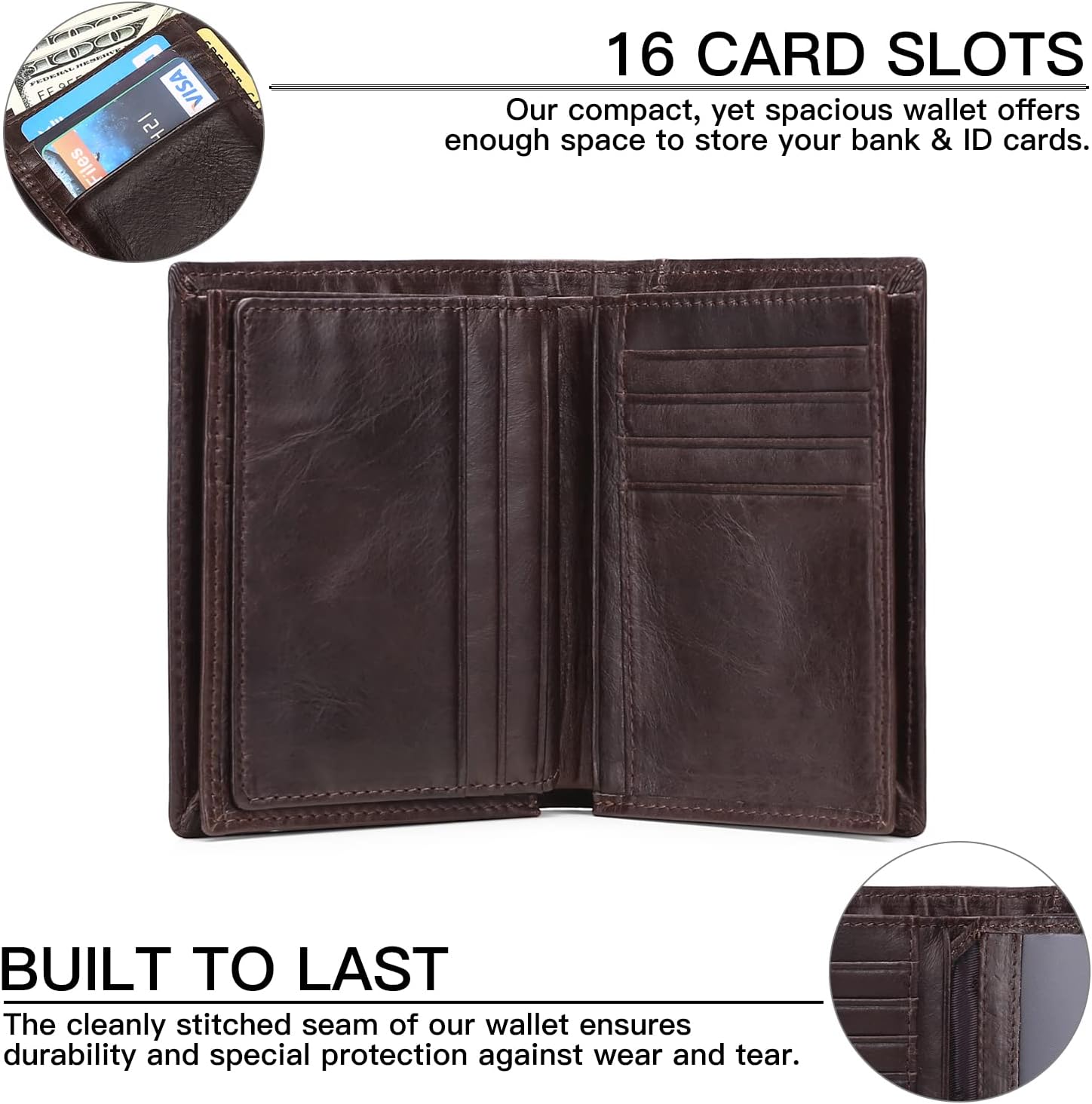 GOIACII Wallets for Men Large Capacity Genuine Leather RFID Mens Bifold Wallet with 16 Card Slots - Image 2