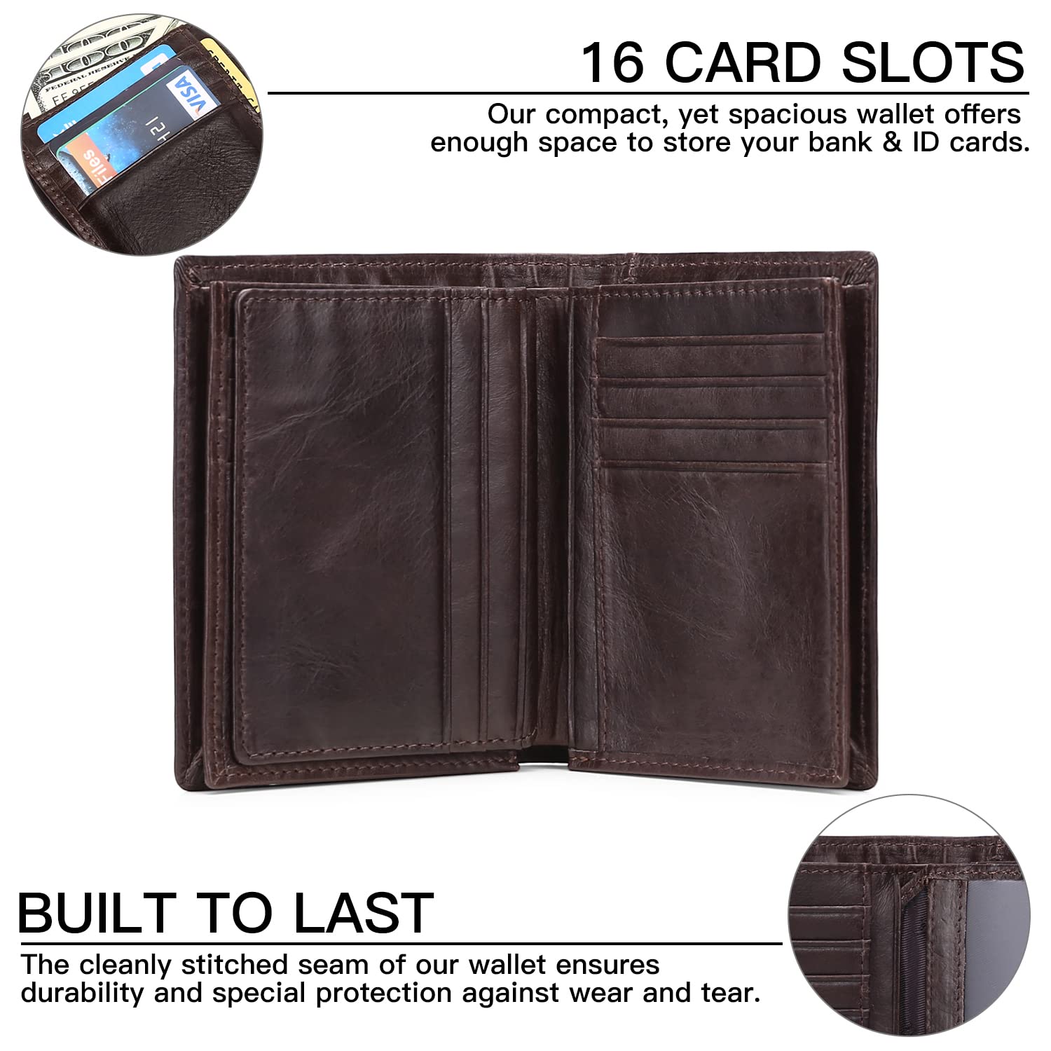 Carteras para hombres de gran capacidad de cuero genuino RFID plegable hombres billetera/titular de la tarjeta de crédito con ventana de identificación, Ab-café, Minimalista 2