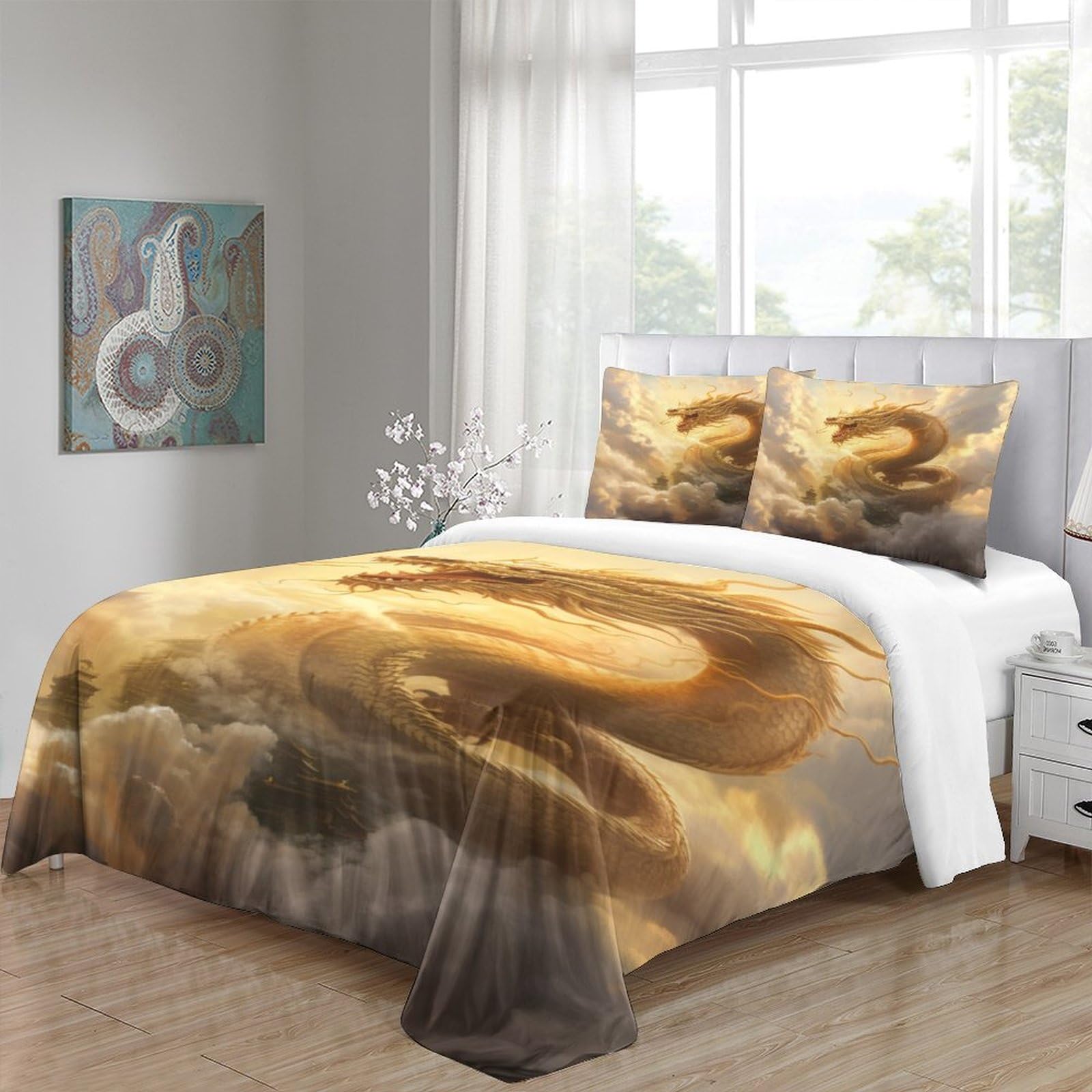 Stampato in 3D Loong cinese Copertina Stampata Microfibra Disegnata Biancheria Da Letto Ipoallergenico Set 3 Pezzi,Double（200x200cm）, Per Ragazzi Adulti