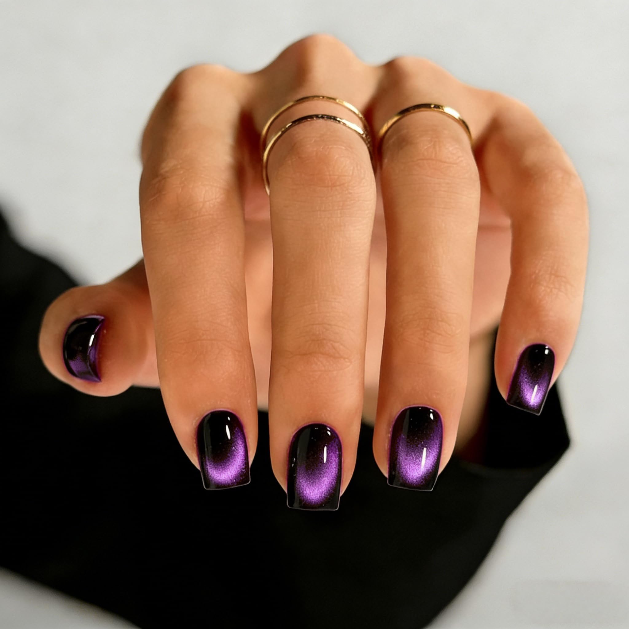KQueenest Press On Nails Kurz - Cat Eye Schwarz Lila Künstliche Nägel zum Aufkleben Kurz Eckig, 30 Stück 15 Größen Chrome Fake Nails Press ons, Wiederverwendbar Glänzend Acryl Nägel für Damen