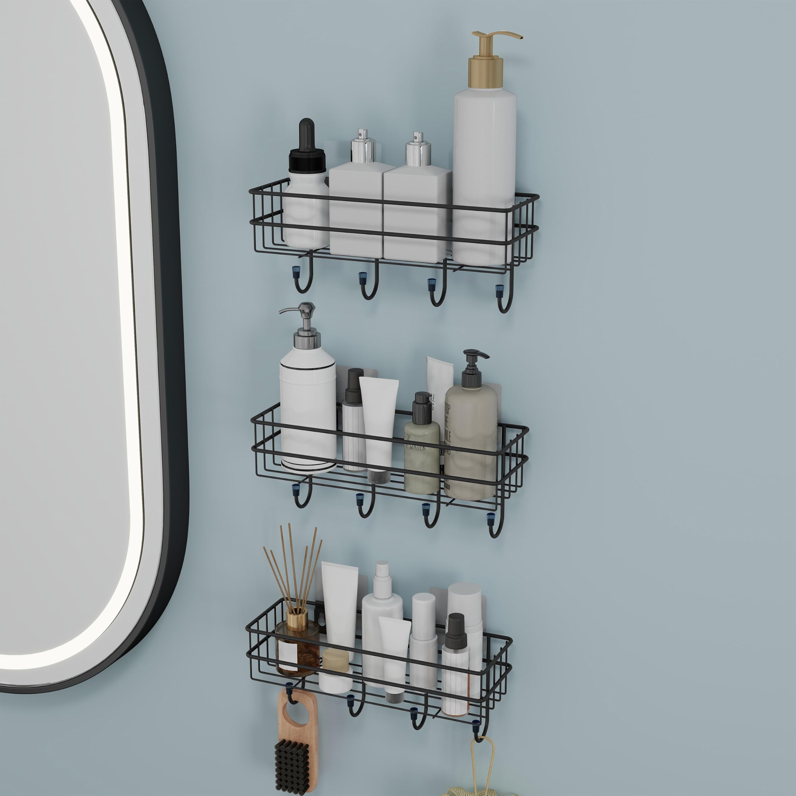 GI Steel Self-Adhesive Shelf | Multipurpose Bathroom Organiser Without Drill | Wall Mounted Shelf for Bathroom with Hooks | Bathroom Accessories Set (Black, Pack of 3)-image-45
