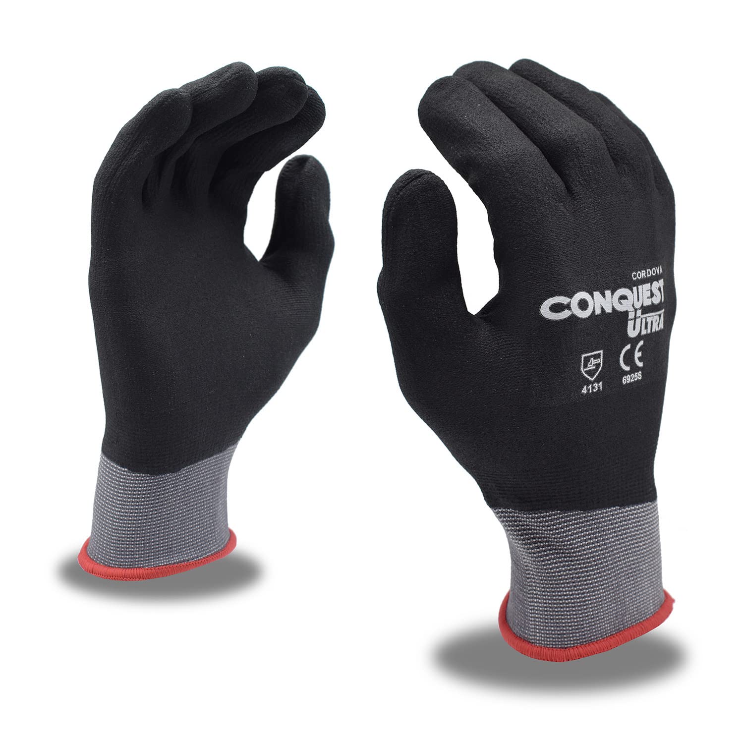 Cordova 6925L Conquest Ultra Gloves, Premium, Gray Nylon/Spandex Shell, Full Black Foam Nitrile/Pu Coating, Large, 12-Pack