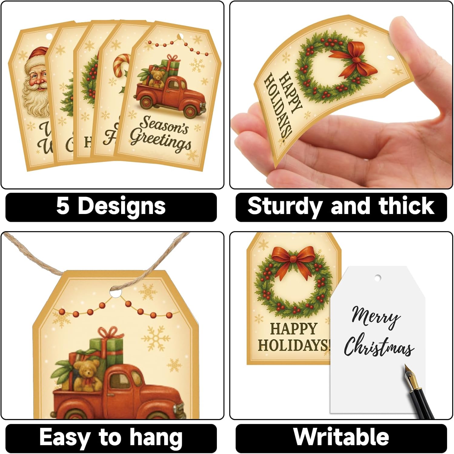 G2PLUS 50Pcs Christmas Tags for Gifts, 5 Designs Vintage Christmas Holiday Paper Gift Tags with String for Seasonal Wishes, DIY Crafts, Present Wrapping, Xmas Party Favors - Image 3